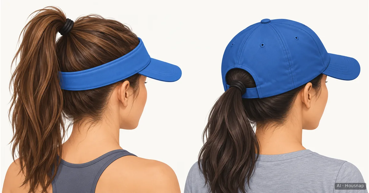 Two illustrated heads compare a visor with a high ponytail and a cap with a low ponytail through its rear opening. — AI-illustratie