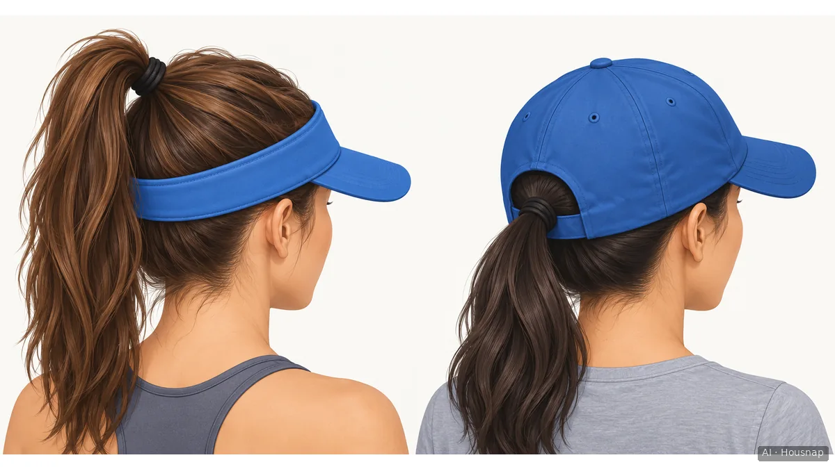A high ponytail above an open-top visor beside a low ponytail passing through a cap’s rear opening. — AI-illustratie