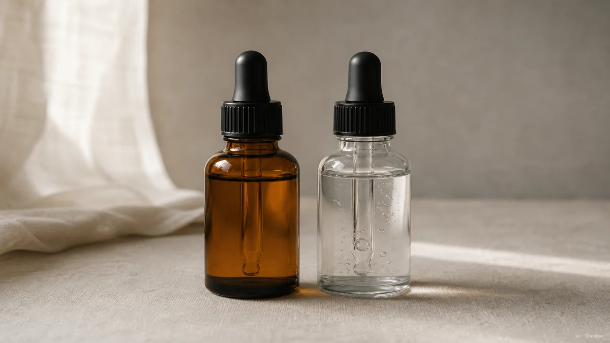 Image: Two unbranded amber and clear glass dropper serum bottles standing side by side on a soft neutral surface, one warmer-toned for vitamin C and one cool clear for niacinamide, natural diffused light, no labels or logos