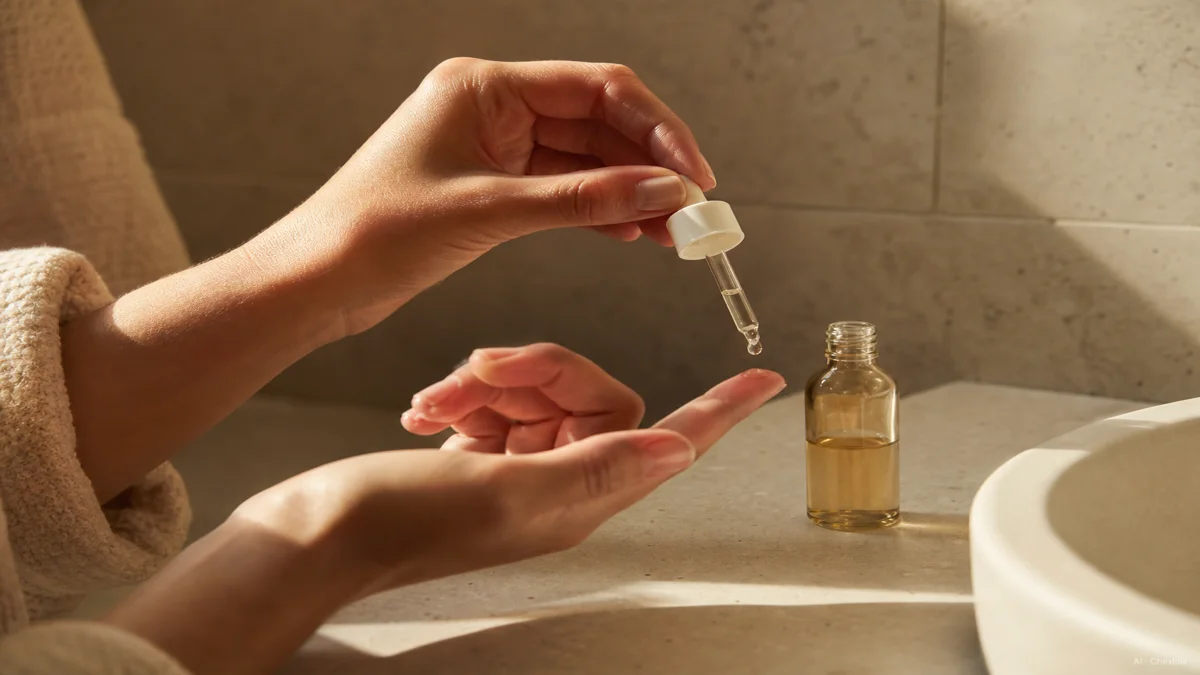 Image: A pair of hands applying a single drop of serum to a fingertip over a bathroom counter, a second bottle waiting beside the sink, warm morning light, no visible brand marks