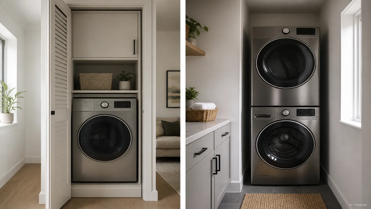Image: A single front-load washer-dryer combo built into a narrow apartment closet on one side, and a separate washer with a stacked dryer in a utility room on the other, daylight, clean modern home — AI illustration