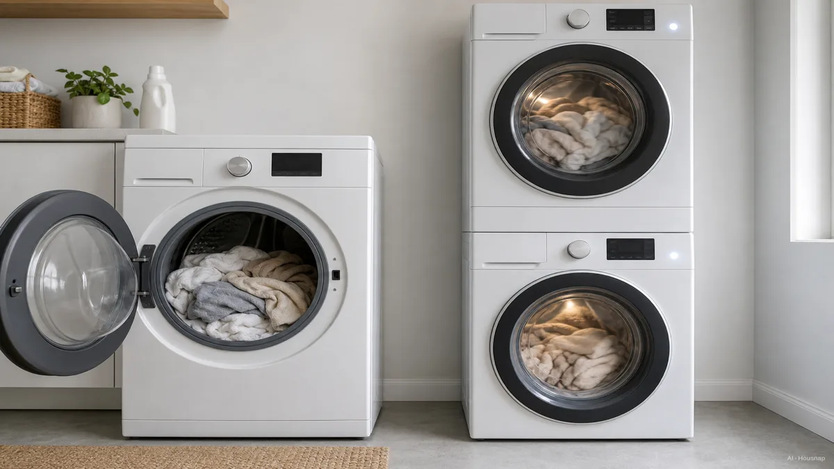 Image: Cutaway-style comparison showing a combo drum half full for drying next to two stacked machines both running at once, neutral instructional tone — AI illustration