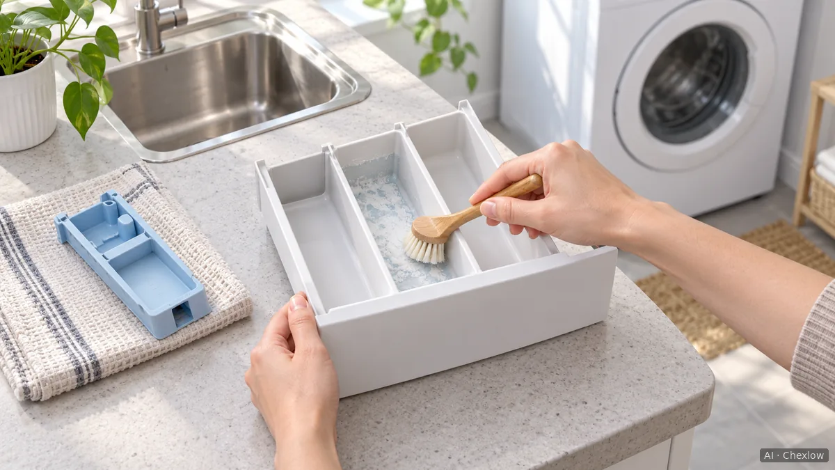 Illustration of a removed detergent drawer beside a sink, with its detached insert on a cloth and a small soft brush cleaning residue from a compartment