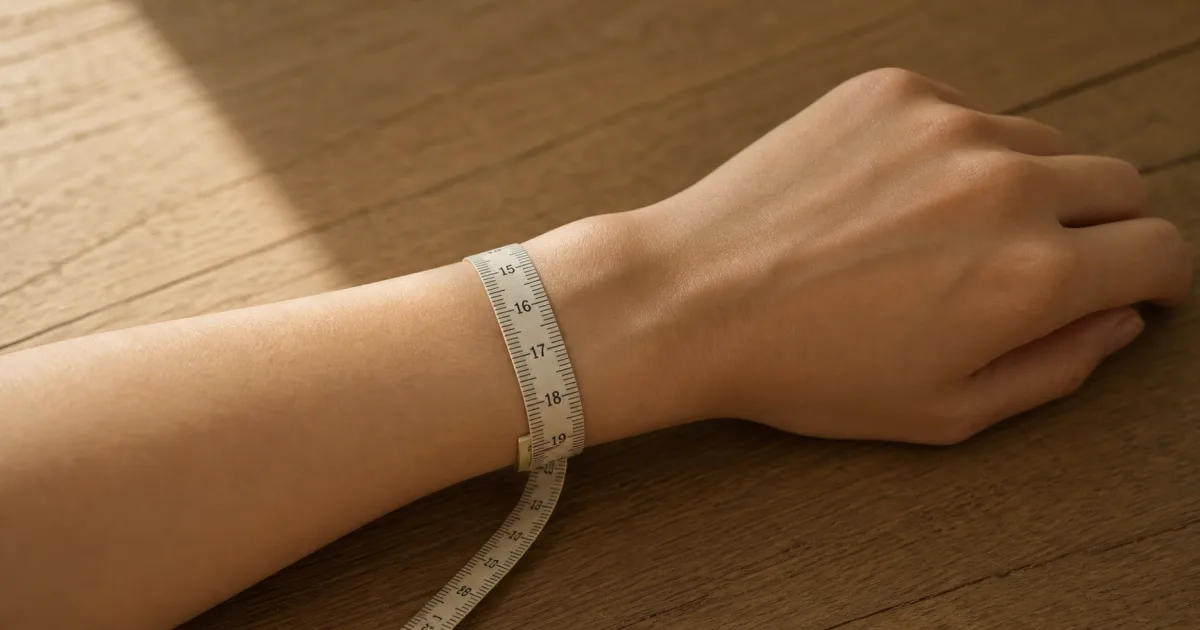 매트한 오크 책상 위 자연광에 손목 옆에 놓인 부드러운 줄자, 줄자가 손목을 한 번 감싸 17cm 부근의 측정값이 보이는 (AI 생성 일러스트)