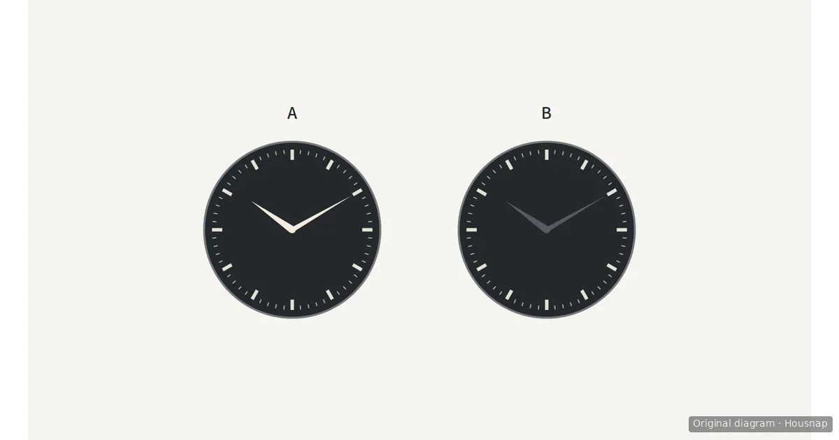 Two equal-size dark watch dials showing 10:10, with pale hands on A and dark gray hands on B, using identical hour and minute markings.