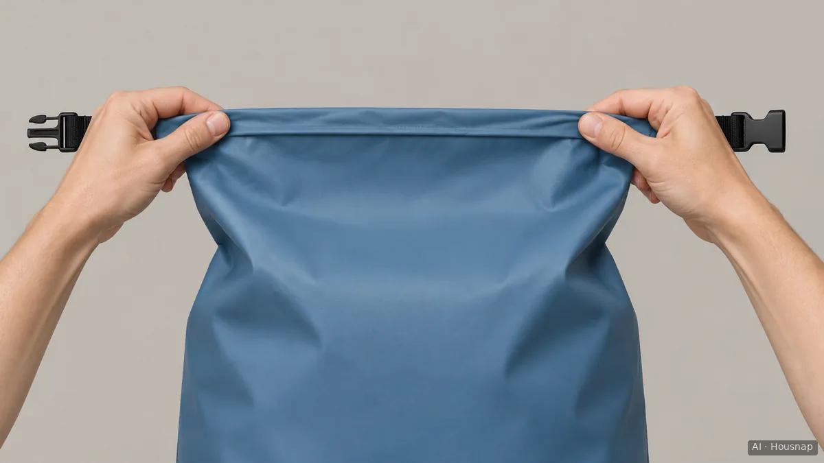 Two hands hold the flattened mouth of an unbranded dry bag straight before rolling. — AI illustration
