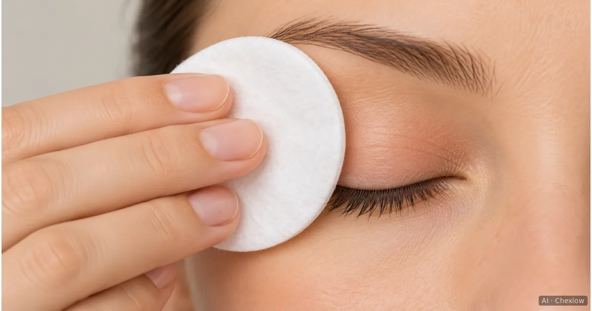 A hand holding a round white cotton pad against a closed eyelid, with part of the lid and lashes visible