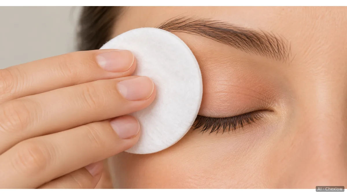 A hand holding a round white cotton pad against a closed eyelid, with part of the lid and lashes visible