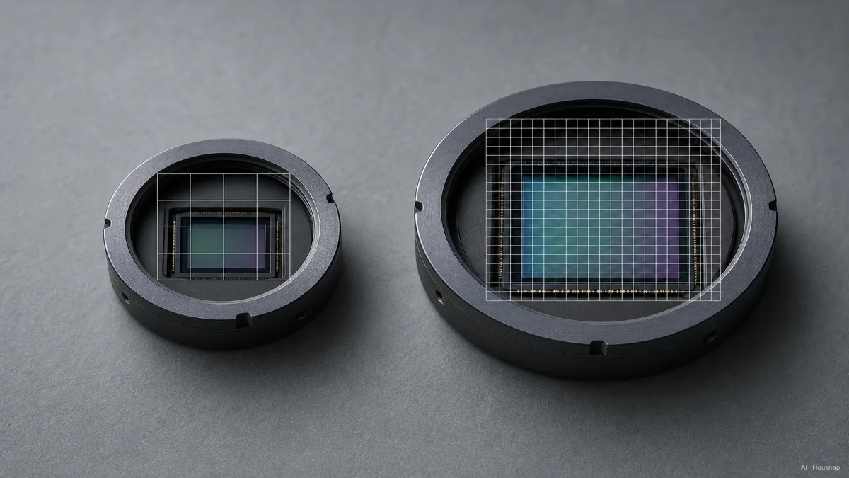 Image: side-by-side comparison of a 1080p webcam sensor and a larger 4K webcam sensor with pixel grid overlays showing the 4x pixel density difference — AI illustration