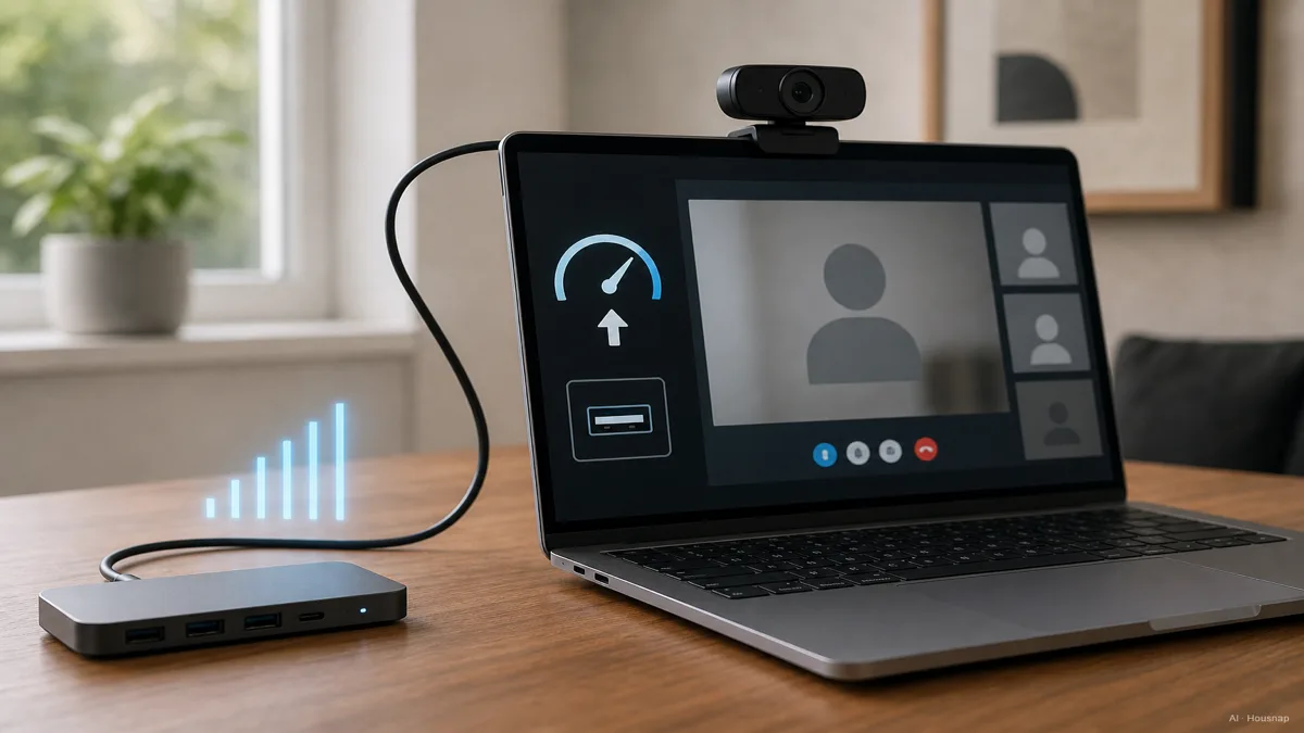 Image: a laptop showing a video call window with a small upload-speed gauge and USB port icon beside it, illustrating the bandwidth and cable bottleneck between a 4K webcam and the final call quality — AI illustration