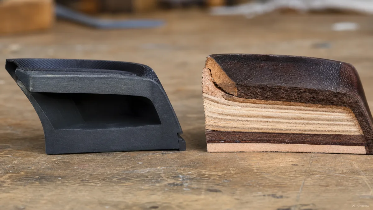 Image: close-up cutaway of a weightlifting shoe heel wedge comparing a dense TPU plastic core against a stacked wood and leather core, materials laid side by side on a workbench
