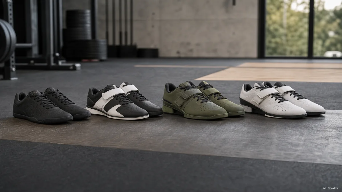 Image: four pairs of weightlifting shoes lined up on a gym floor from a basic entry-level model to a taller specialist Olympic shoe, showing the range a first-time buyer might compare