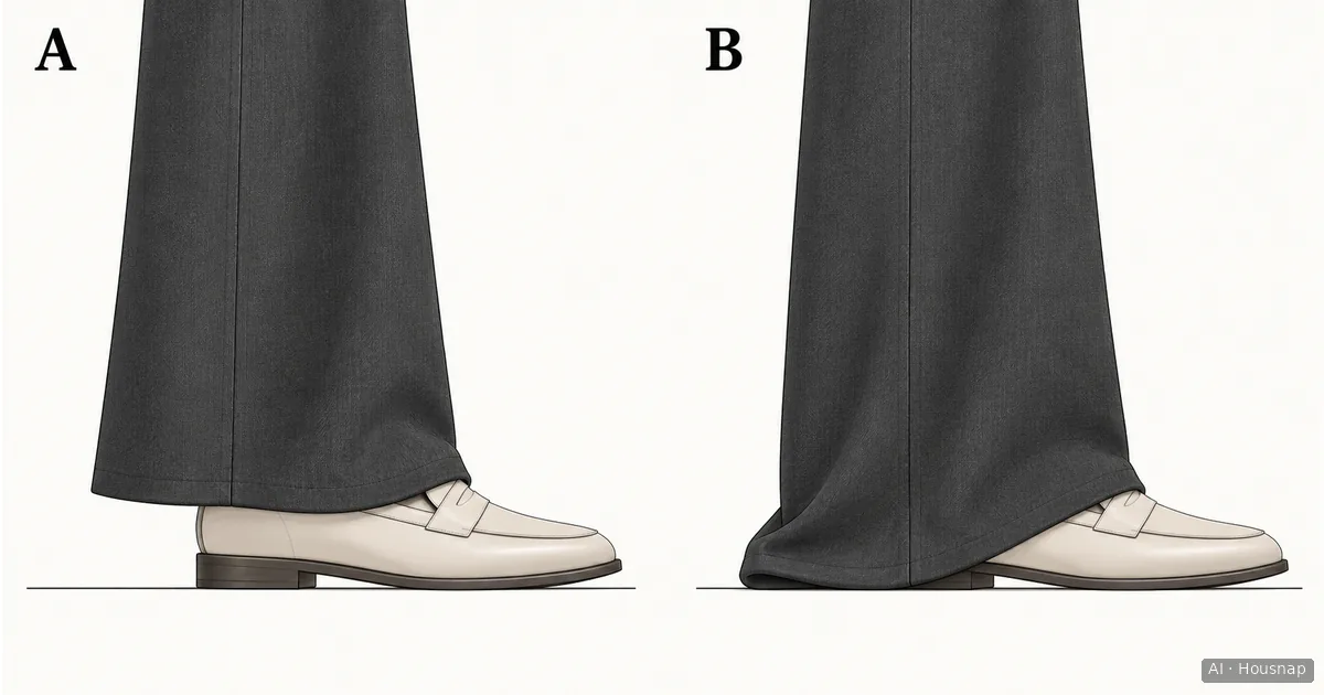 Two side views compare wide trouser hems over matching shoes, with rear ground clearance in A and fabric touching the floor in B. — Illustration IA