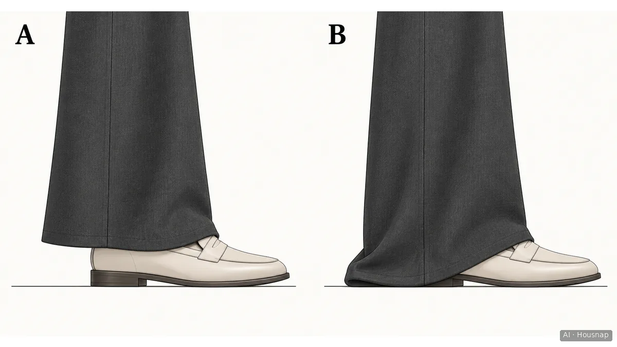 Two side views of wide trouser hems over matching shoes: A leaves a visible gap above the floor at the back; B reaches the floor and folds behind the shoe. — Illustration IA