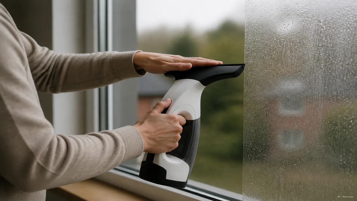 Image: a person using a cordless window vacuum on a large window, one hand pressing the squeegee head down mid-pass, a visible line where the glass is already dry and streak-free next to the wet, still-dirty section — AI illustration
