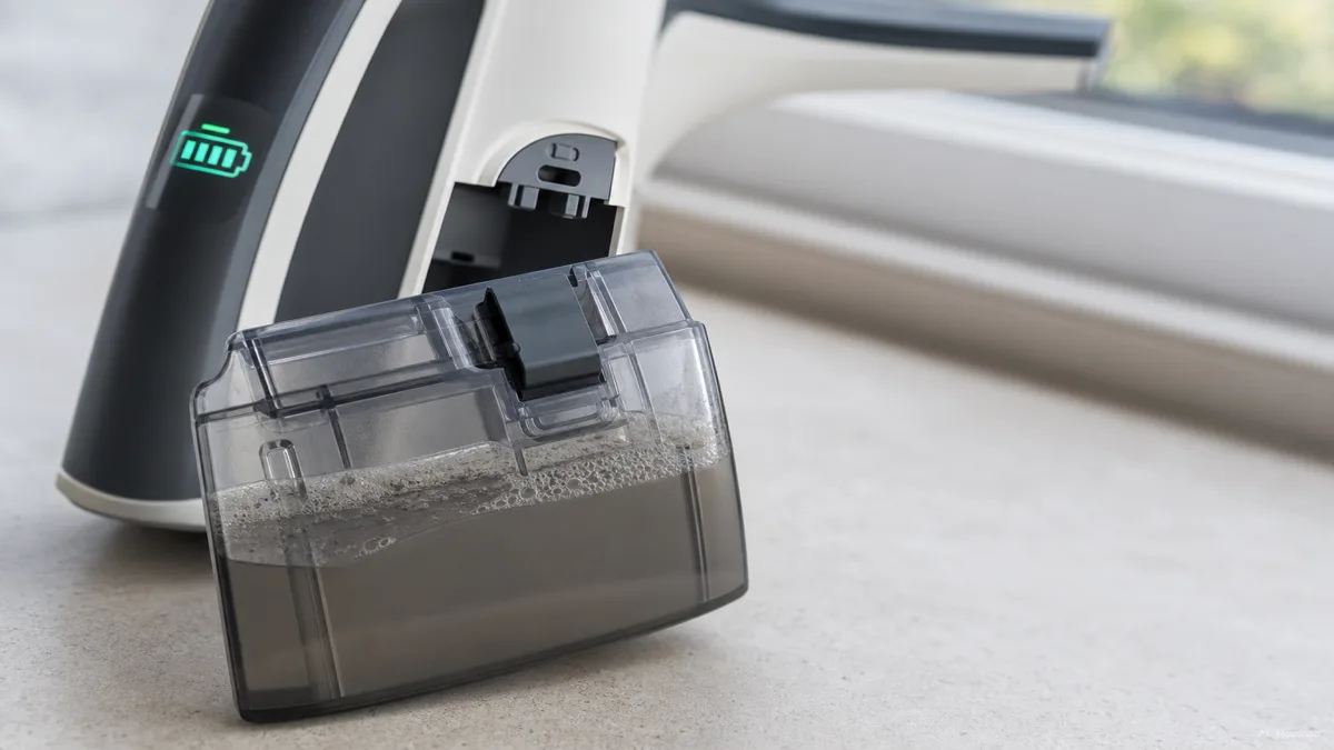 Image: close-up of a small detachable window vacuum water tank being unclipped from the device, murky gray water visible inside, a digital battery/runtime display glowing on the handle in the background — AI illustration