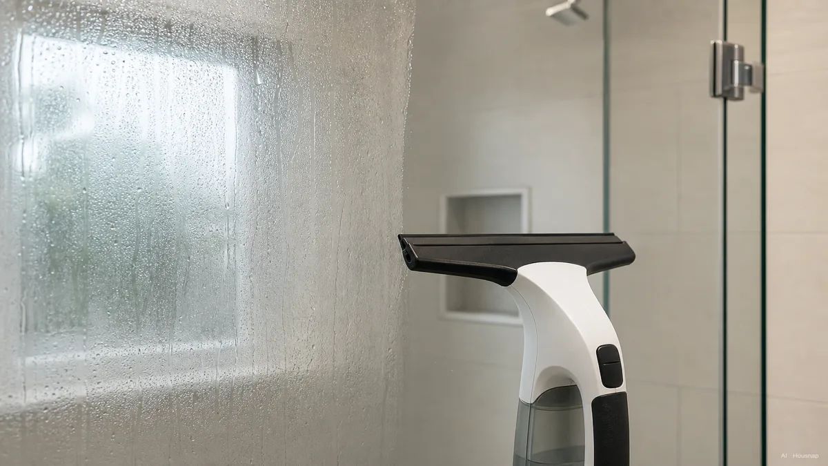 Image: a window vacuum being used on a glass shower door, condensation and water beads visible on the untouched half, a clean dry streak-free path where the device has already passed — AI illustration