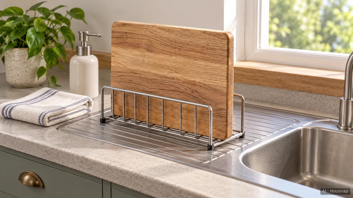 A wooden cutting board stands on edge in a dish rack with space on both sides, beside an empty sink, a folded towel and dish soap. — AI illustration