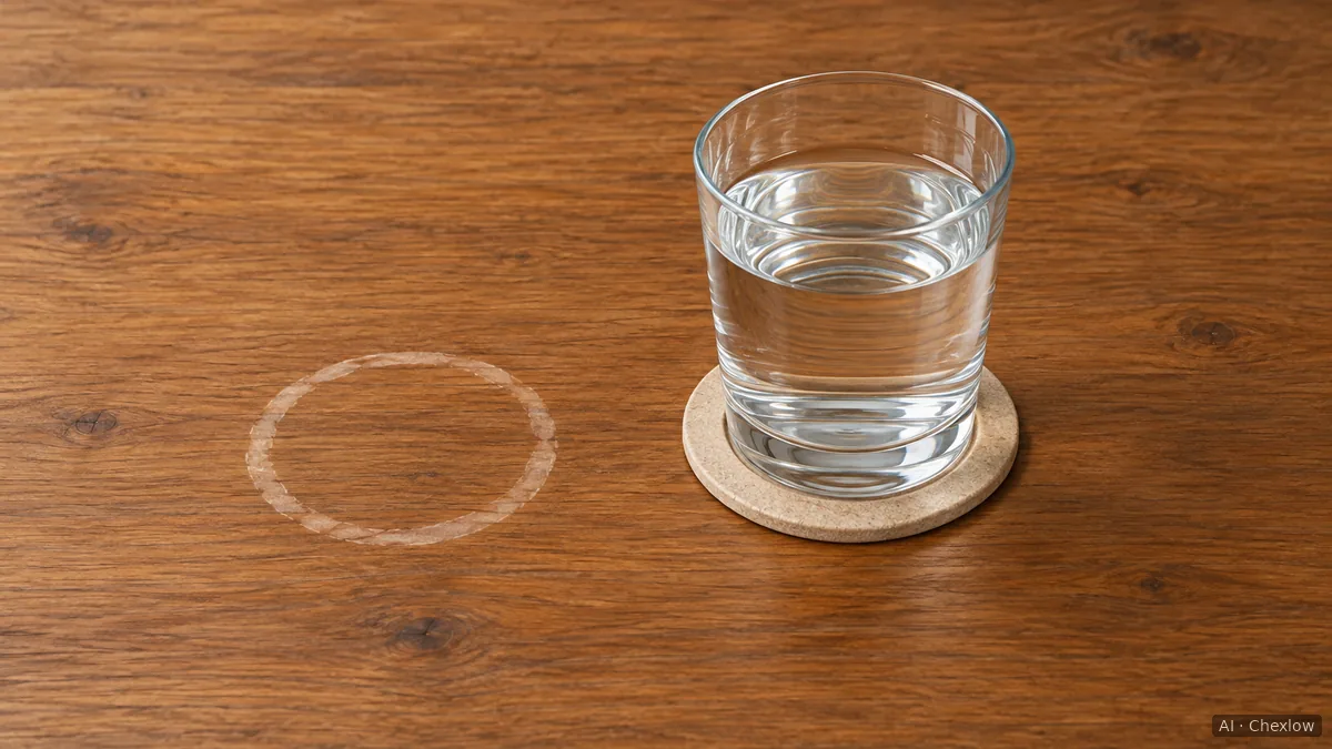 A drinking glass on a round coaster beside a pale ring on a wooden tabletop.