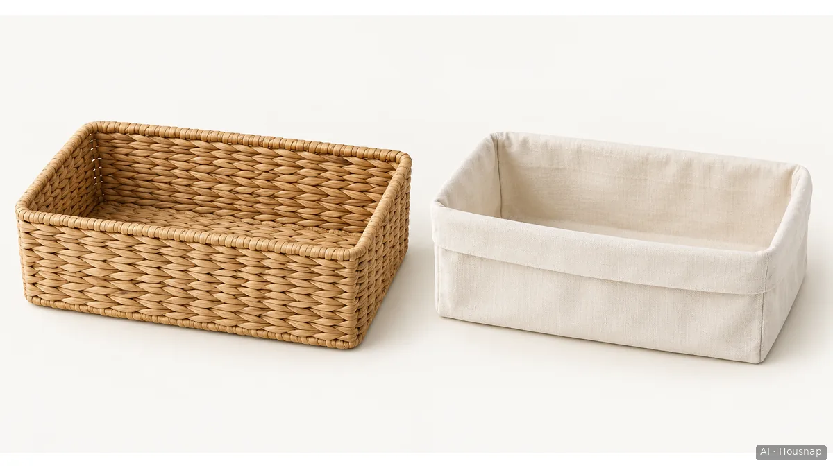 An empty tan woven basket beside its separate cream fabric liner, with both openings visible — AI illustration