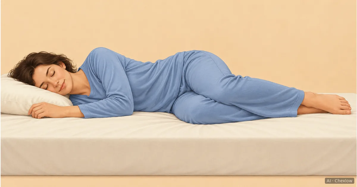 Illustration of an adult wearing pajamas and lying on their side on a plain mattress, with knees bent and one arm forward