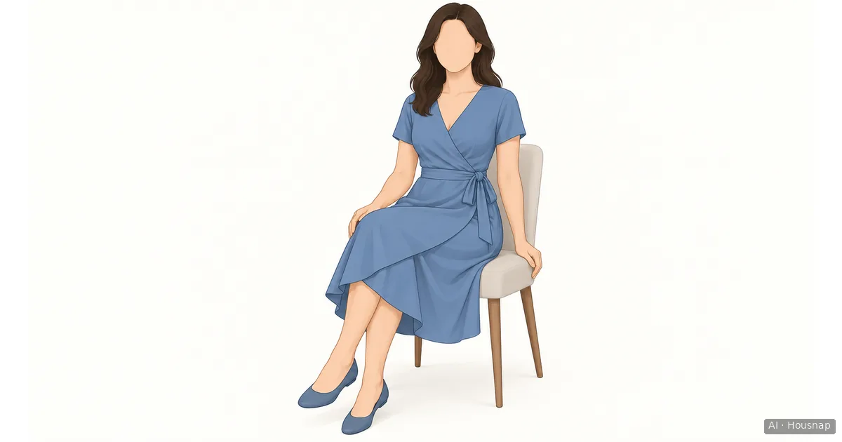 Illustration of a seated woman in a plain wrap dress, with overlapping skirt panels visible across her lap — Illustrazione IA