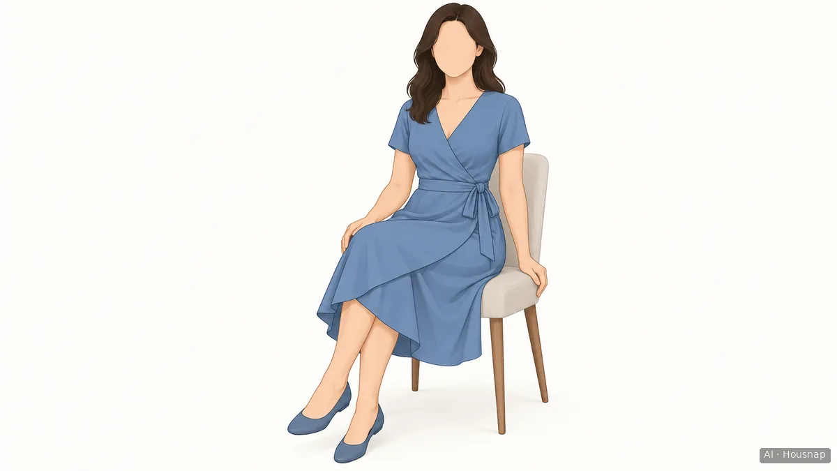 Illustration of a seated woman in a plain wrap dress, with overlapping skirt panels visible across her lap — Illustrazione IA