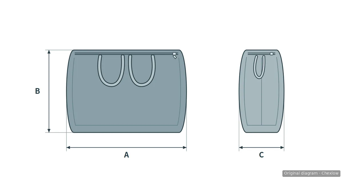 Front and side views of a packed tote with folded handles and three arrows showing its outer dimensions.